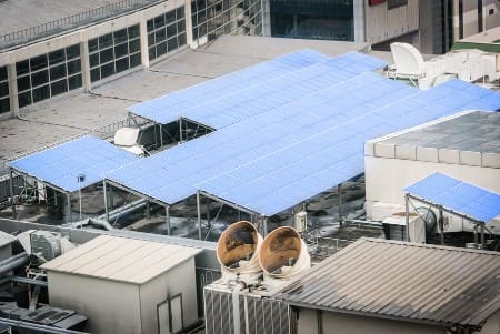 commercial solar energy system on flat rooftop