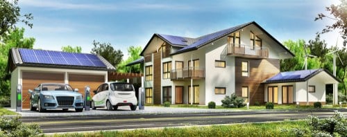 illustration of home using solar panels to charge electric cars