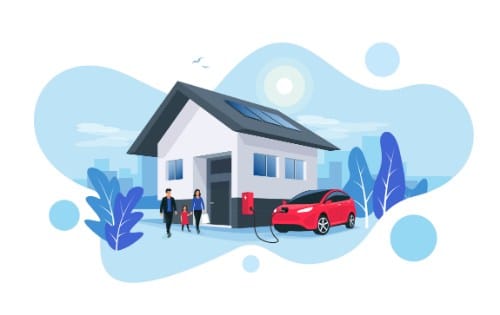 illustration of house with solar panels and electric car